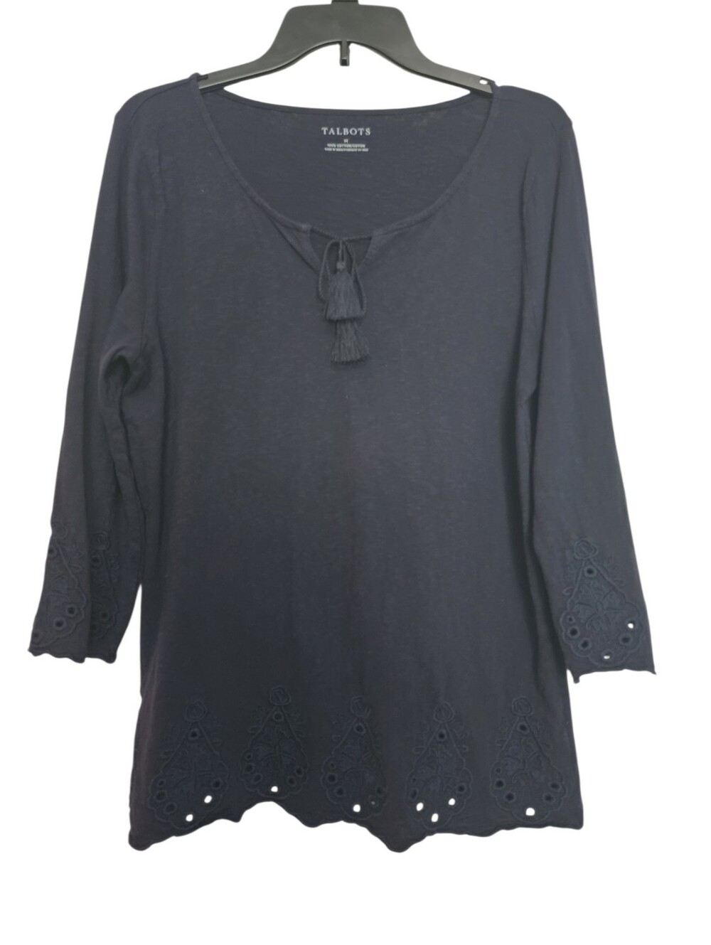 Talbots Navy Tassel Scoop-Neck Eyelet Hem Cotton Top SZ Medium